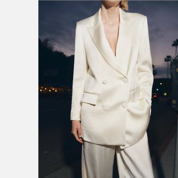 ZARA OYSTER WHITE SATIN LINEN DOUBLE BREASTED BLAZER